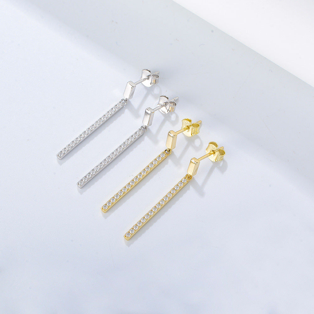 S925 Sterling Silver Geometric Rectangular Single Row Zircon Long Tassel Earrings for Women