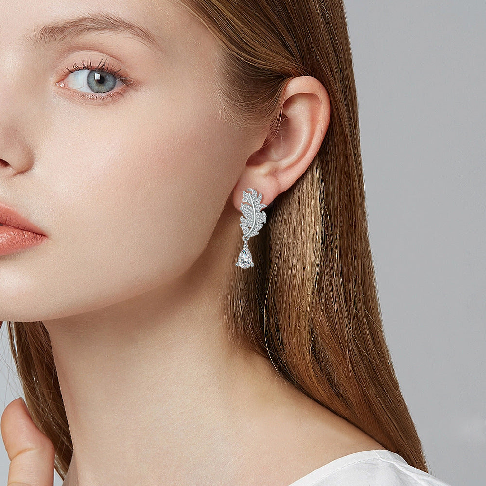 New S925 Sterling Silver Leaf Tassel Earrings Fashion Water Drop Pear-shaped Zircon Earrings for Women