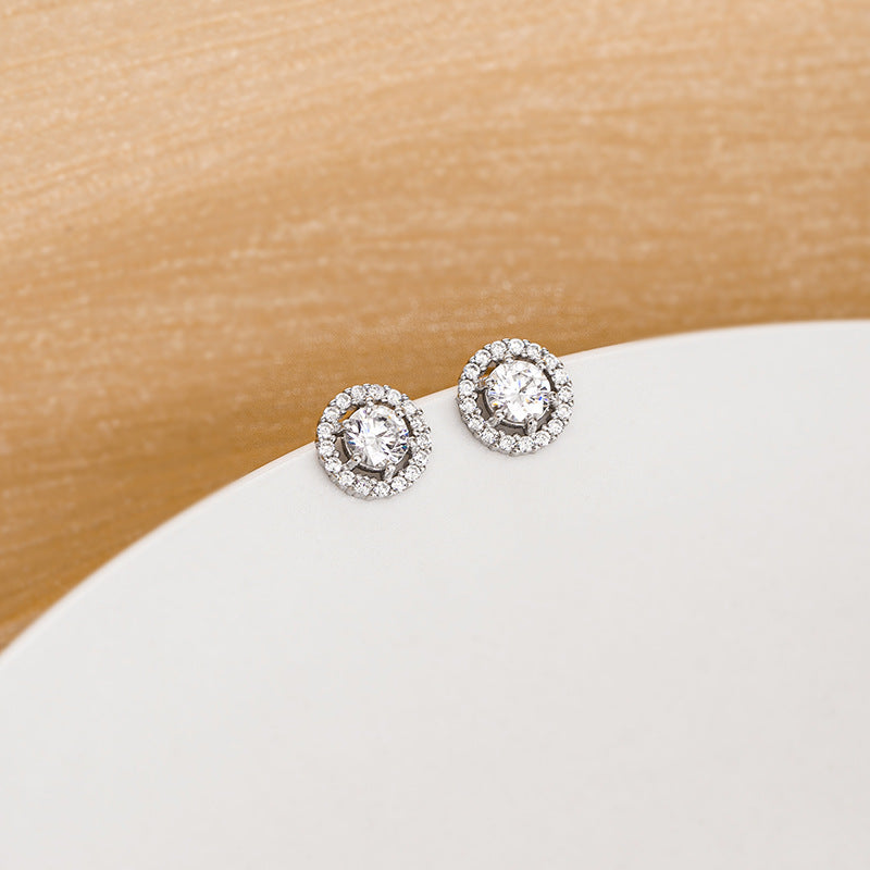 S925 Silver French Simple and Exquisite Zircon Stud Earrings Women's Round Earrings