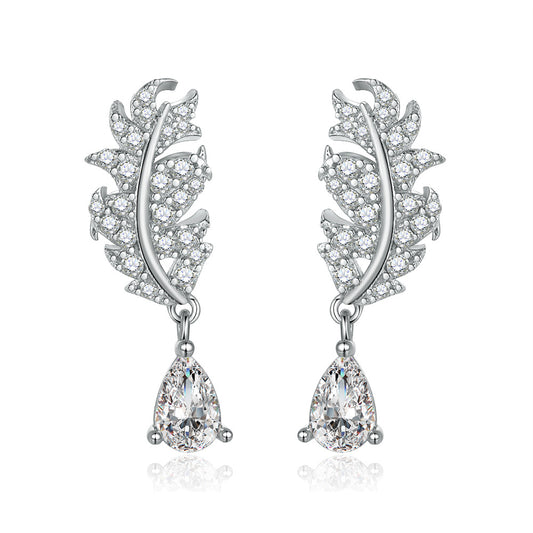 New S925 Sterling Silver Leaf Tassel Earrings Fashion Water Drop Pear-shaped Zircon Earrings for Women