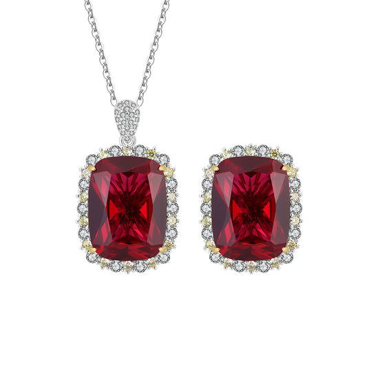 S925 Silver Zircon Square Ruby Pendant Necklace Ring Set