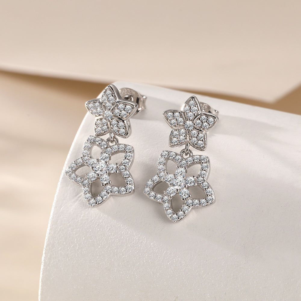 S925 Sterling Silver Full Diamond Zircon Star Stud Earrings New Tassel Star Earrings