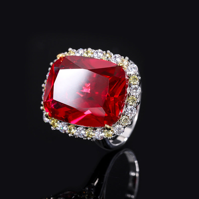 S925 Silver Zircon Square Ruby Pendant Necklace Ring Set