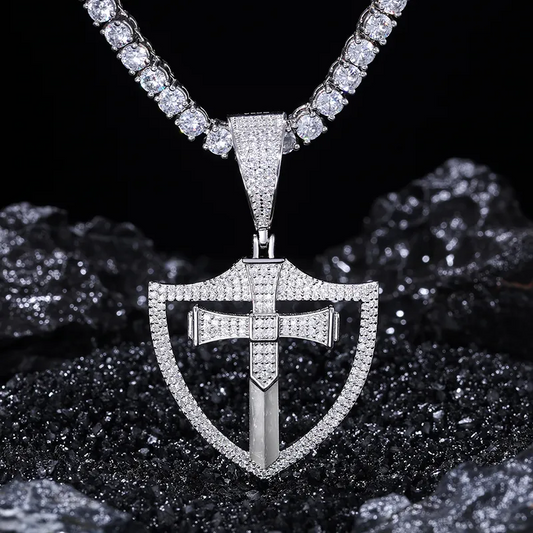 Hip-hop Sterling Silver Moissanite Iced Out Shield Cross Pendant