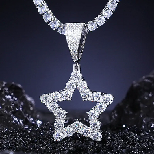 Hip-hop Sterling Silver Moissanite Iced Out Hollow Star Pendant