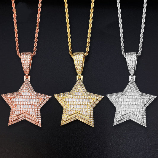 hip-hop new copper inlaid zircon five-pointed star pendant