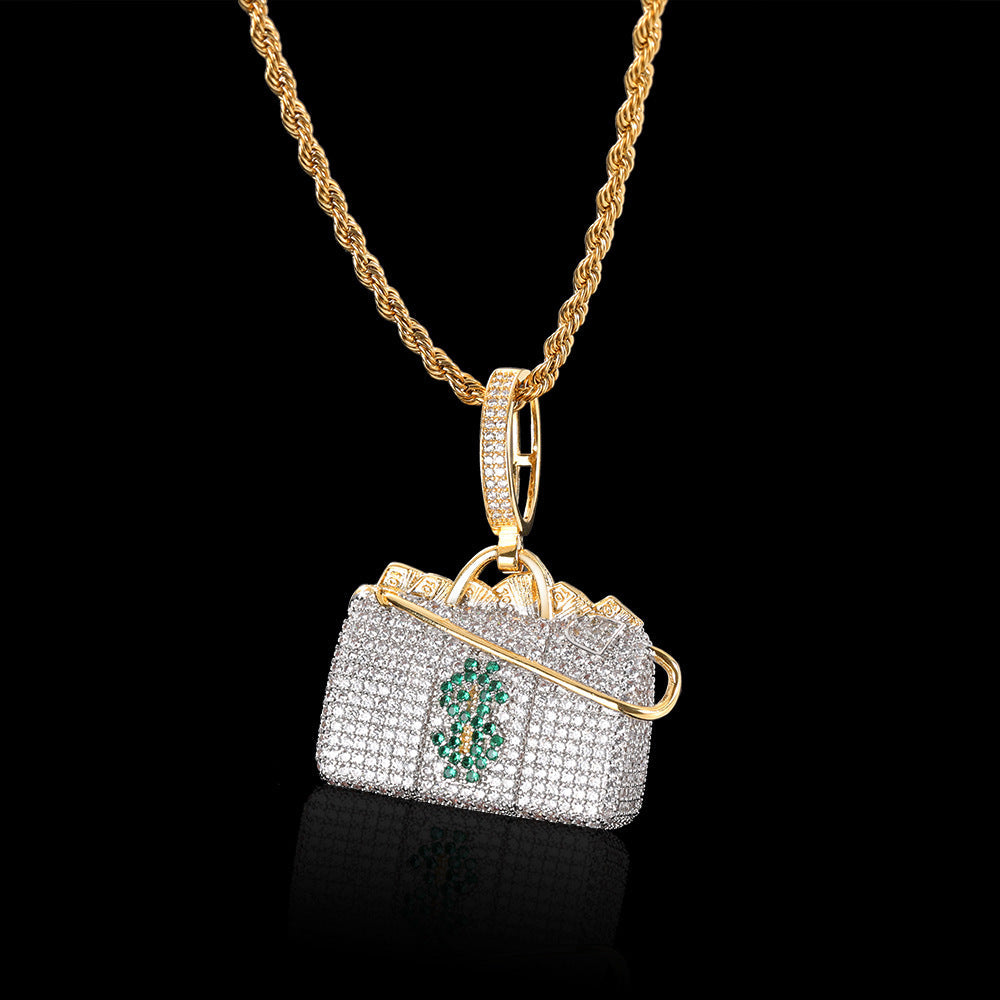 hip hop micro-inlaid zircon hollowed out dollar wallet pendant