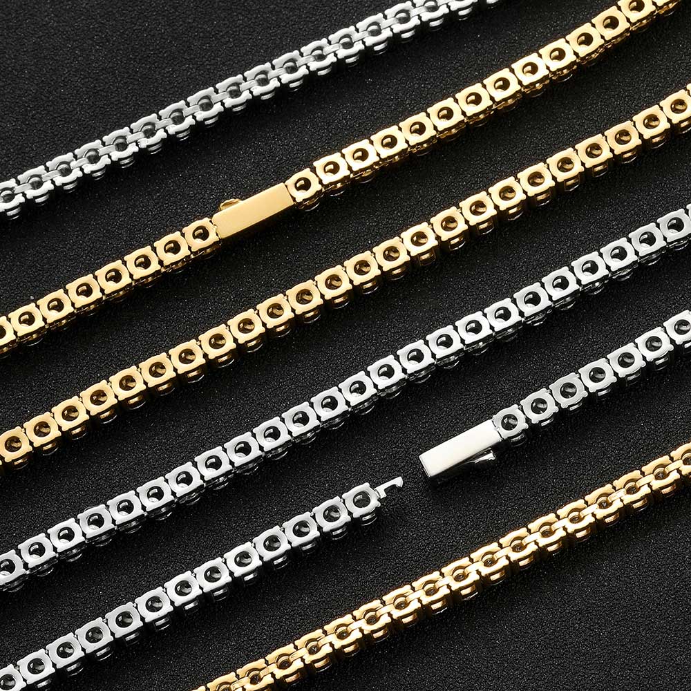 4mm spring buckle stainless steel single-row diamond tennis necklace