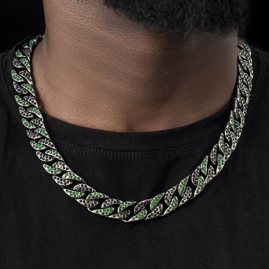 Hip-Hop Gold Ice 13mm Emerald and Black Moissanite Cuban Necklace