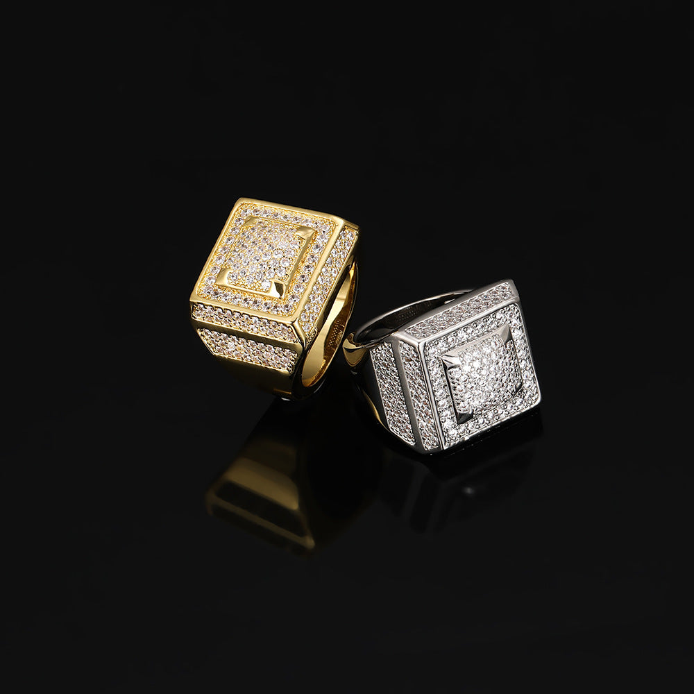 European and American hip-hop square inlaid zircon ring/CZ