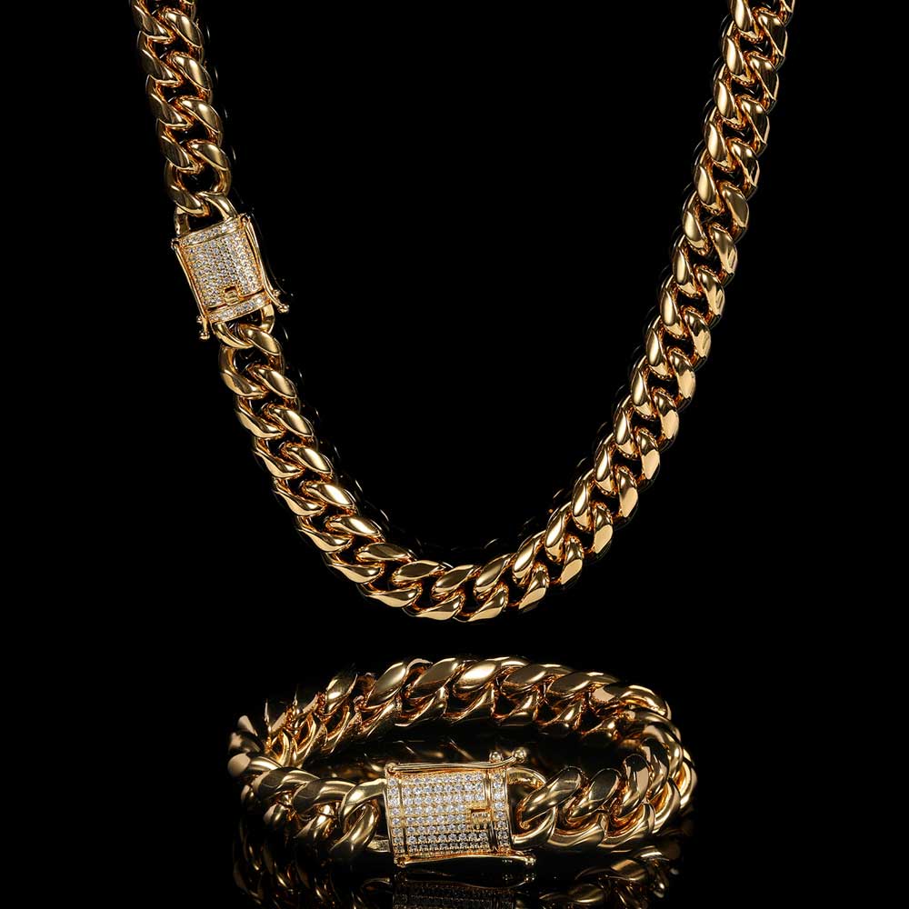 12mm Zircon spring buckle Hip hop titanium steel necklace