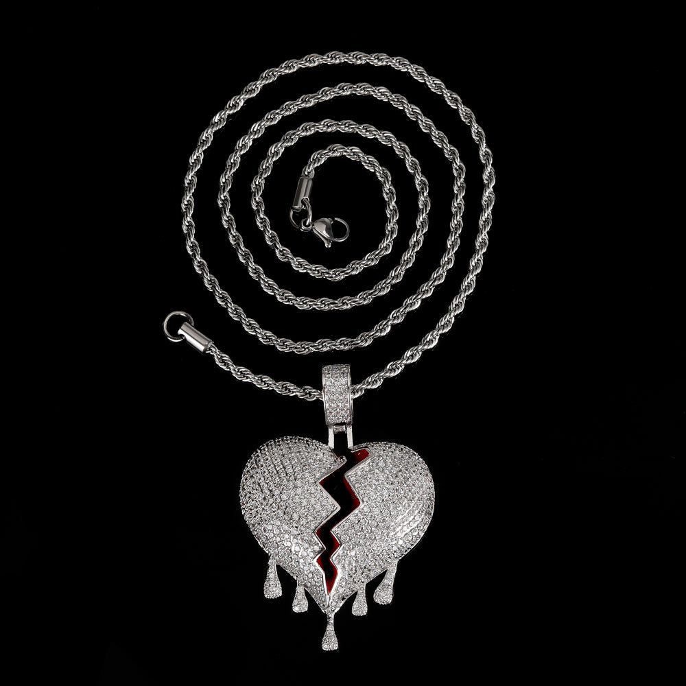 hip-hop heart broken water drop micro-inlaid zircon men's pendant
