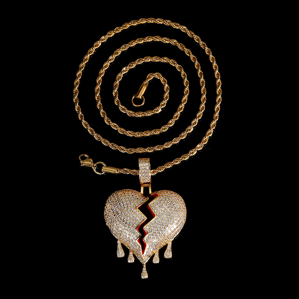hip-hop heart broken water drop micro-inlaid zircon men's pendant