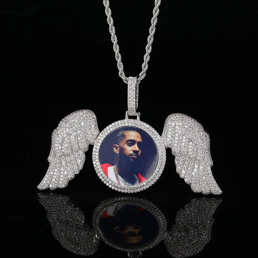 Hip-Hop Archangel Wings Round Photo Micro-inlaid Zircon Pendant