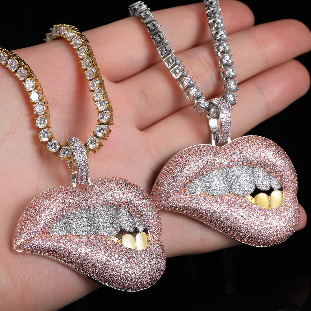 hip-hop micro-inlaid zircon pink lip-biting pendant
